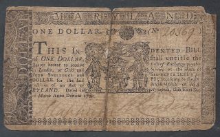 Colonial Currency==maryland==march 1,  1770==$1==vf photo