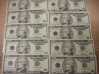 10 Sequential 1999 Uncirculated $10 Federal Reserve Star Note Paper Money F6 photo