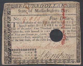 Colonial Currency==new ==massachusetts - Bay==four Dollars==may 5,  1780==au photo