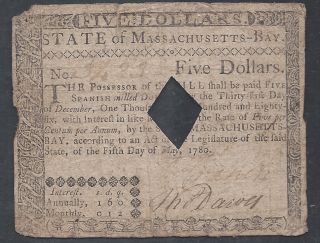 Colonial Currency==massachusetts - Bay==may 5,  1780==$5==vf photo