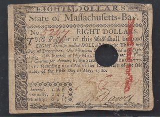Colonial Currency==new==massachusetts - Bay==eight Dollars==may 5,  1780==au photo
