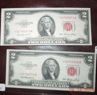 (2) 1953 $2 Dollar Starred & Red Seal Us Bills / Uncirculated photo
