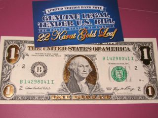 1$ 22 K Gold Leaf Usa Note,  Legal Tender,  Colorized Bill - Usa photo