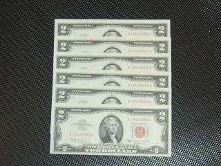 1963 - A U S Paper Money 6 Sequential $2.  00 Two Dollar Red Seal Bill Unc - Fr 1514 photo