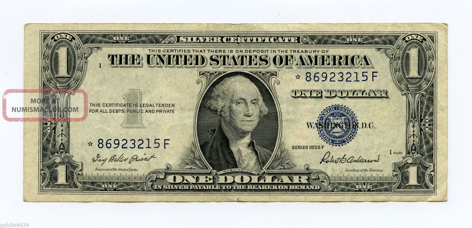1935 F One Dollar Us Silver Certificate Star Note $1 Bill 1935f Blue
