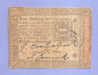 1773 Two Shillings Six Pence Pennsylvania Colonial Currency Collectible photo