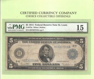 1914 $5 St.  Louis Fr 875 A Federal Reserve Note Pmg Fine 15 photo