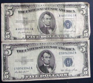 Two 1953 $5 Blue Seal Silver Certificates (c59763942a) photo