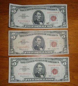 Three $5.  00 1963 Red Seal United States Notes - Circulated,  No Rips Vgc photo
