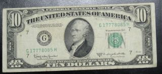 1950 D Ten Dollar Federal Reserve Note Chicago Vf 8085h Pm3 photo
