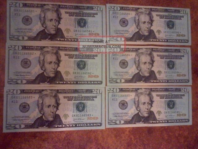 2004a, $20 Frn ' S, Dallas, Star Notes, 6 Sequential Order, One Fold ...