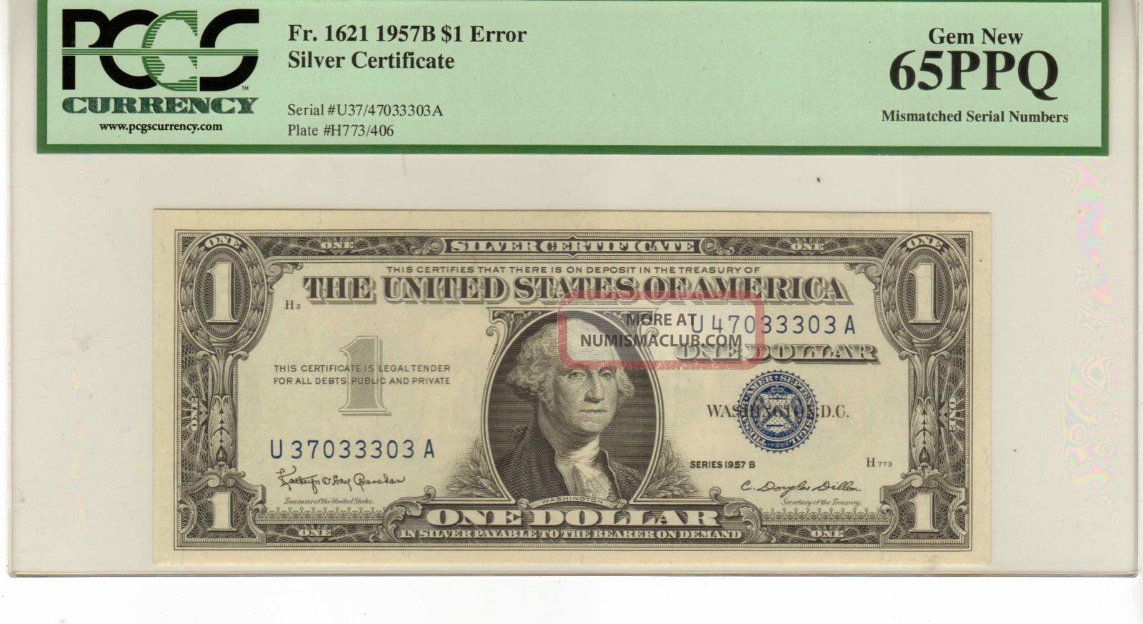 Fr 1621 1957 B $1 Silver Certificate Error Mismatched Serial Pcgs Gem