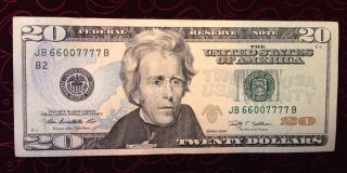 2009 20 Dollar Bill,  Fancy Serial Number Jb 66007777 B photo