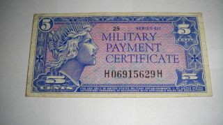 5c Five Cents Military Payment Certificates Mpc Series 611 Rare photo