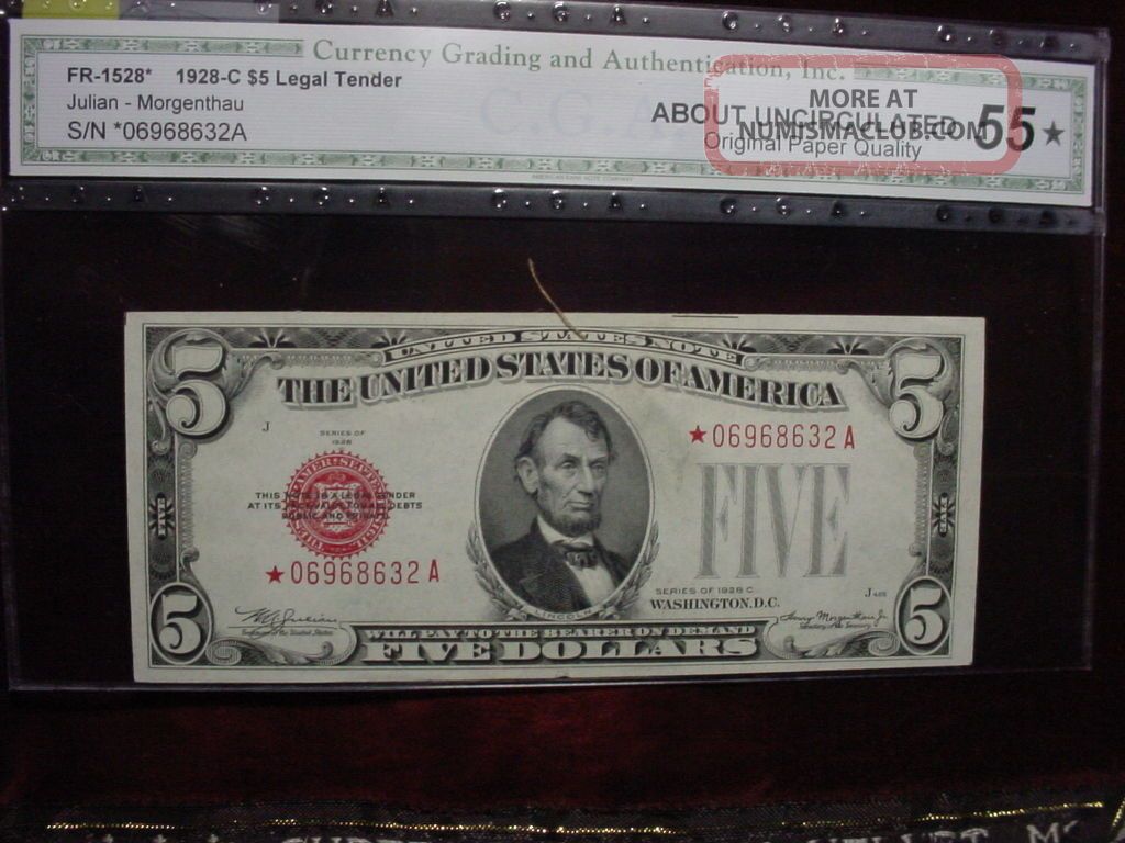 1928c $5 Star United States Note Very Scarce In This Grade Cga Au 55 Opq Small Size Notes photo