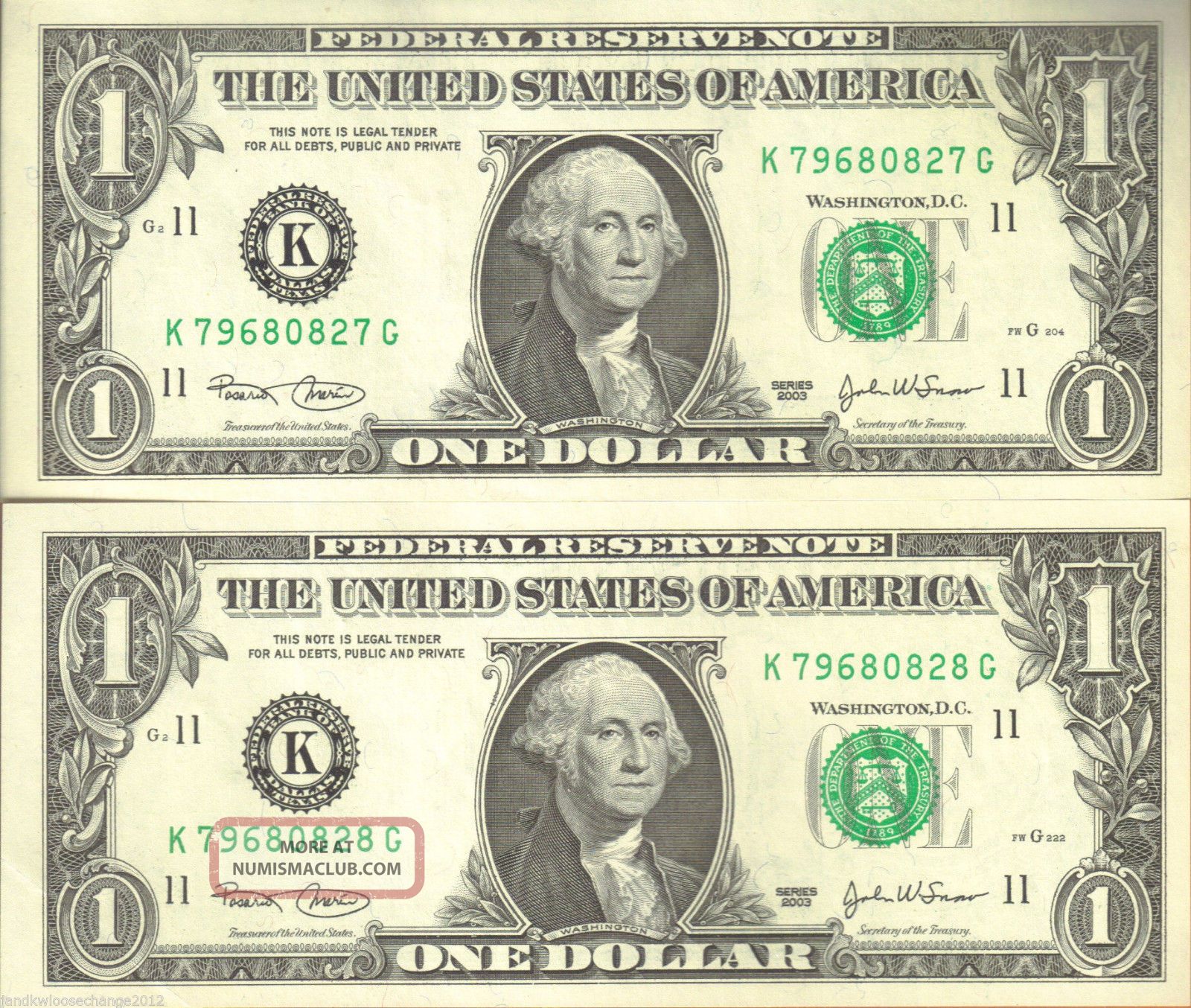 2003 $1.  00 2 Sequential Crisp Uncirculated Notes Small Size Notes photo