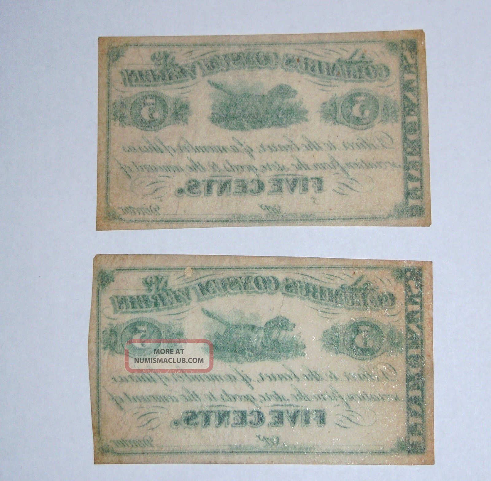 (2) Columbus Consum Verein Five Cents Ohio Obsolete Notes Deliver To Bearer