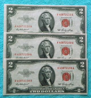 (3) 1953 Consecutive Aa Block Sequential $2 Red Seal Note Two Dollar Bill photo