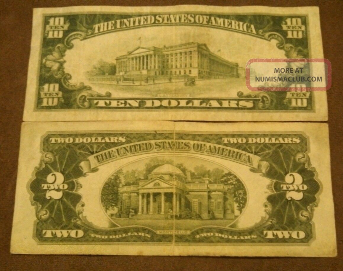 1928b 10, 1928g 2 Dollar Bills