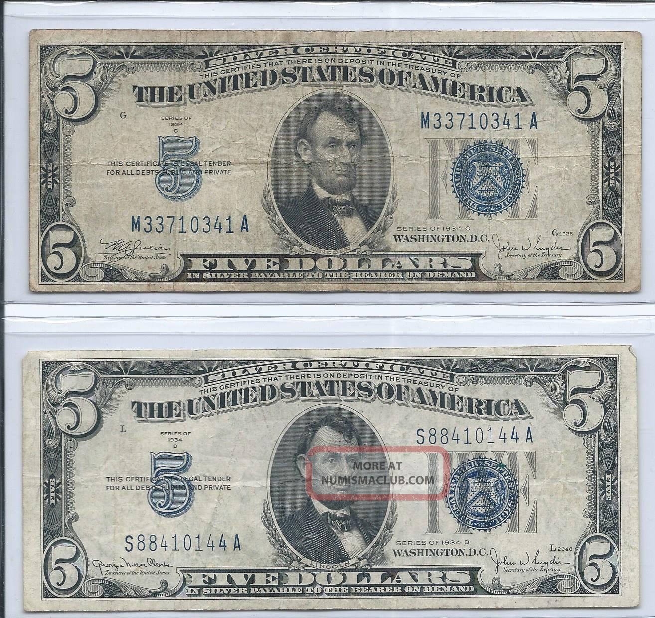 1934c 1934d $5 00 Silver Certificate Notes