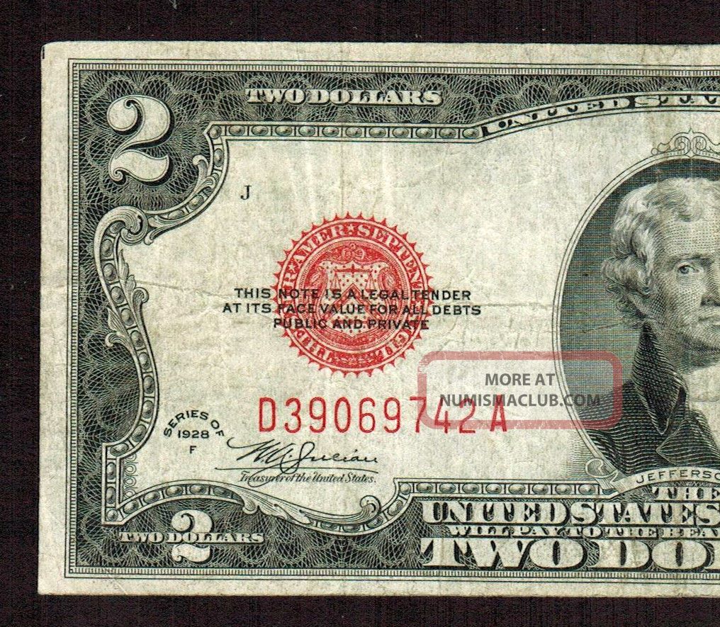 $2 1928 F Red Seal Bank Note More Currency 4 Ecp Small Size Notes photo