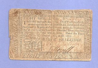 1777 Eight Shilling Pennsylvania Colonial Note Post - Revolution Collectible photo