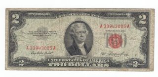 1953 Red Seal $2.  00 Thomas Jefferson Note,  Two Dollar Bill A33943005a photo
