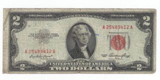 1953 Red Seal $2.  00 Thomas Jefferson Note,  Two Dollar Bill A25489412a photo