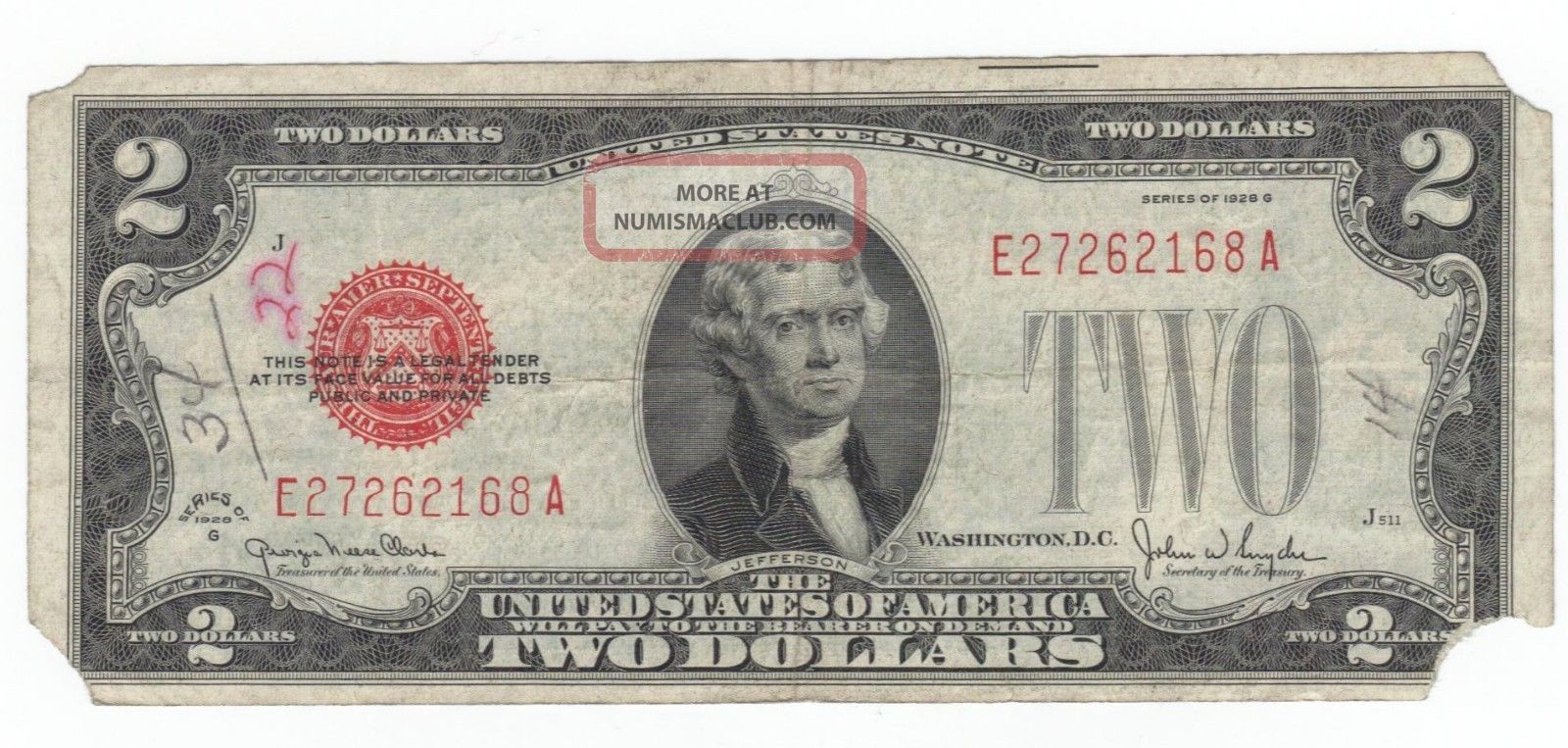1928g Red Seal 2 00 Jefferson Note Two Dollar Bill E27262168a Old