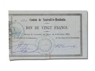French War Emergency Issues,  Bond For 20 Francs,  Nanteuil Le Handouin photo
