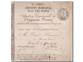 French War Emergency Issues,  Emprunt Municipal,  50 Francs,  Les Riceys photo