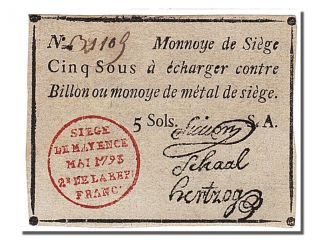 French Assignats,  Siege Of Mainz,  5 Sols Stamp Signatures Type photo