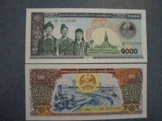2 Notes,  Lao 500 & 1000 Kips Unc. photo