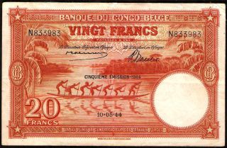 Bucksless 1105: Rare Belgian Congo 20 Francs 1944,  P - 15d,  Congo Belgium photo