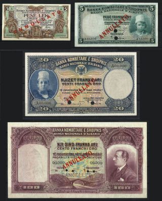 Albania 1926 Banknote 1 - 5 - 20 - 100 Franka Ari - Uncirculate​d Unc - Very Rare photo