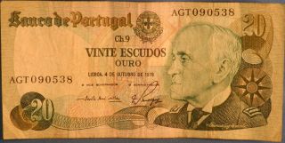 Portugal 20 Twenty Escudos Bank Note,  Circulated,  1978, photo