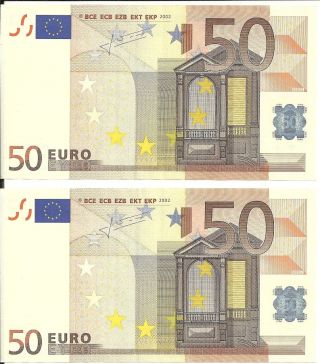 50 Euro Note X 2 Germany [x] Trichet,  Aunc Consecutive Numbers,  Code [g035e2]. photo