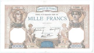 (of391210) France Paper Note - 1000 Mille Francs 1939 - Aunc photo