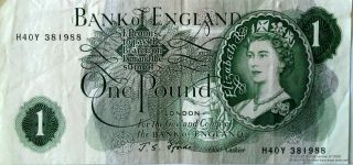 H40y 381988 One Pound Note Bank Of England Queen Elizabeth Ii Cashier John Fford photo