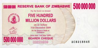 Zimbabwe 500,  000,  000 500000000 Dollars 2008 P - 60 Unc photo