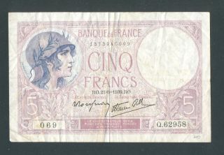 France 5 Francs 21 - 91939 Vf,  No Pin Holes Or Tears photo