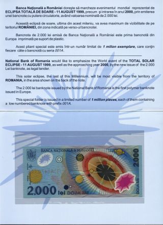 (r991302) Romania - 2000 Lei 1999 Unc - Polymer Plastic Note In Folder photo
