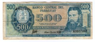 Paraguay Note 500 Guaranies L.  1952 P 200b Vf photo