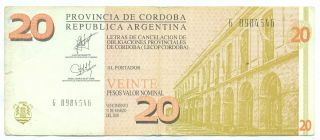 Argentina Note Emergency Cordoba 20 Pesos 2002 Serial G photo