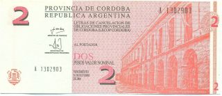 Argentina Note Emergency Cordoba 2 Pesos 2001 Serial A Unc photo