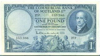 Scotland Note The Commercial Bank 1 Pound 2.  1.  1958 Vf++ P S336 photo