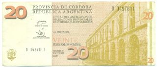 Argentina Note Emergency Cordoba 20 Pesos 2001 Serial D photo