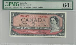 1954 Bc - 38d Bank Of Canada $2 Banknote - Pmg Choice Unc 64 Epq - P/g 5009457 photo
