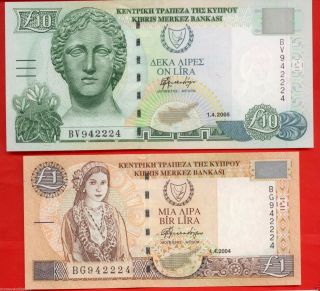 Cyprus £1 & £10 Unc Same No.  942224 Pre Euro,  Zypern,  Chypre,  Greece,  Chipre,  Cipro photo
