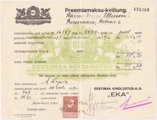 1938 Estonia Estimaa Kinlustus A.  S Insurance Premium Dc photo